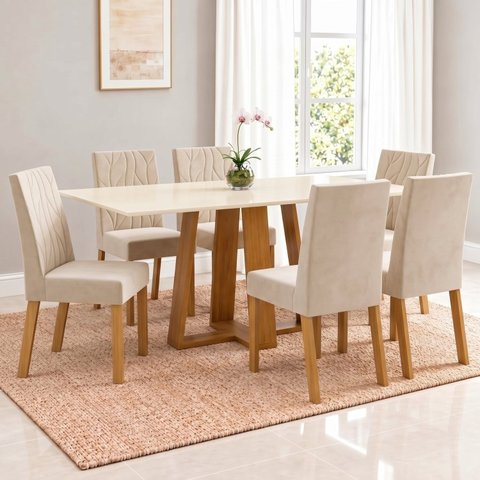 Conjunto Sala de Jantar Mesa Lisa 160cm Tampo MDF Canto Reto e 6 Cadeiras Flávia