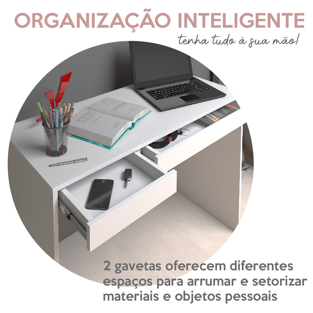 Escrivaninha Minimalista e Versátil com 2 Gavetas College Artany - 14