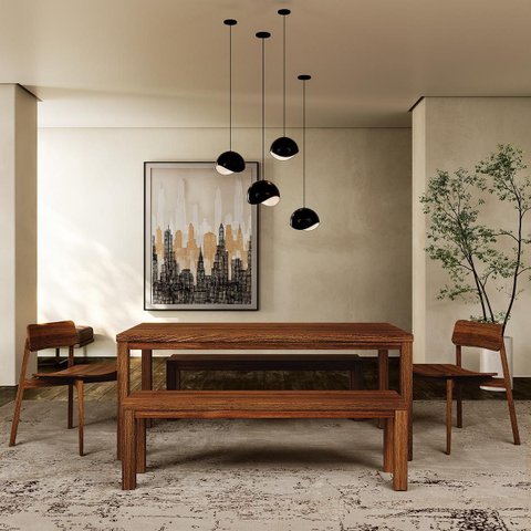 Conjunto Sala Jantar Nature: Mesa com 2 Bancos e 2 Cadeiras Madeira Pinus Rústico Escuro