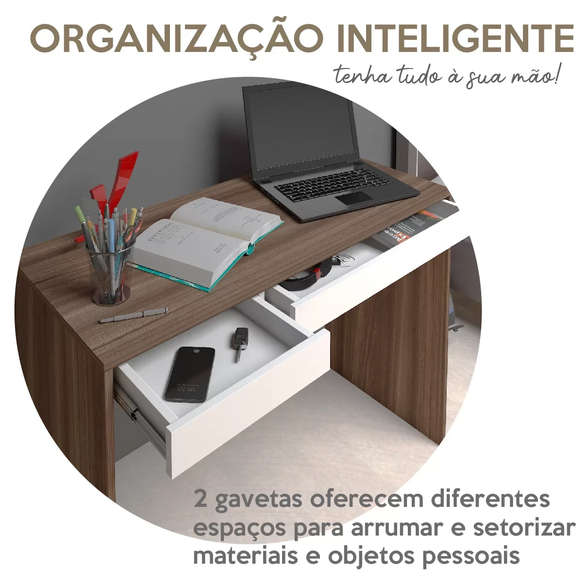 Escrivaninha Minimalista e Versátil com 2 Gavetas College Artany - 9