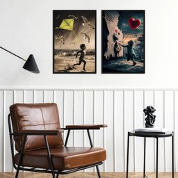 Kit 2 Quadros Arte Crianças Pipa e Balão 24x18cm:moldura Preta - 1