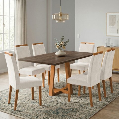 Conjunto Mesa Jantar Julia 1,6m Freijó Pés Cerejeira 6 Cadeiras Heloísa Almofadada - Bege Veludo