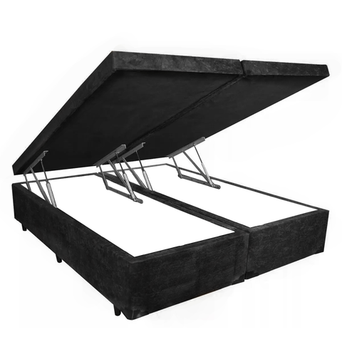 Cama Box Baú King Luxo Suede Preto Bipartido com Pistão a Gás - 193x203x41