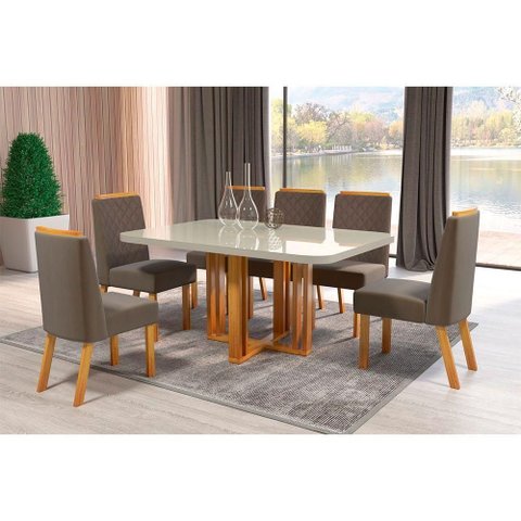 Mesa de Jantar Sentra 6 Lugares Retangular com Vidro Off White Naturale Bom Pastor Móveis