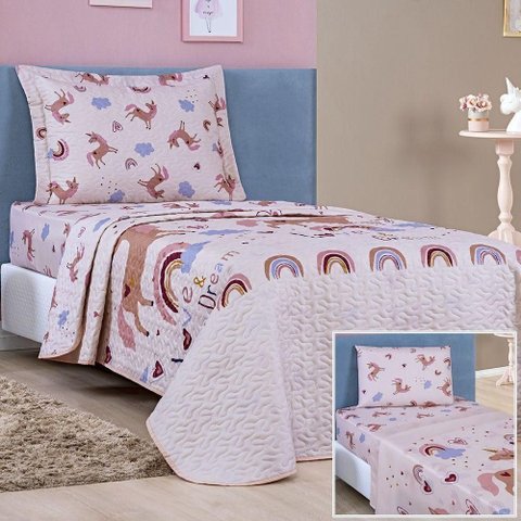 Kit Colcha + Jogo de Cama Bouti Kids Solteiro Infantil 5 Peças 100% Poliéster - Unicórnio