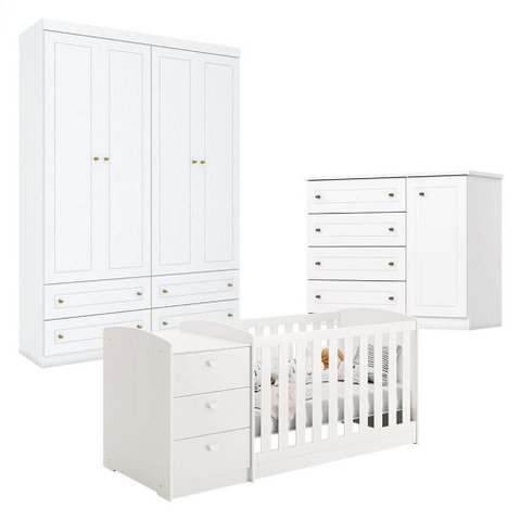 Quarto Infantil 4 Portas Americano e Berço Multifuncional Atlanta Branco Fosco - Reller