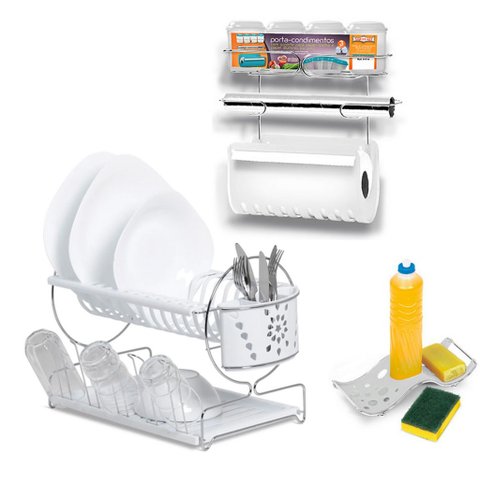 Kit Suporte Papel Toalha, Porta Detergente e Escorredor de Pratos, Copos e Talheres Branco Aço Croma