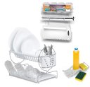Ver imagem 1 de Kit Suporte Papel Toalha, Porta Detergente e Escorredor de Pratos, Copos e Talheres Branco Aço Croma