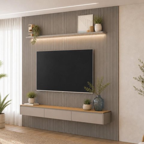 Painel Ripado para TV 85 pol com Bancada Orgânica e Prateleira LED 297cm Slats L05 Tauari Gris