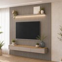 Ver imagem 1 de Painel Ripado para TV 85 pol com Bancada Orgânica e Prateleira LED 297cm Slats L05 Tauari Gris