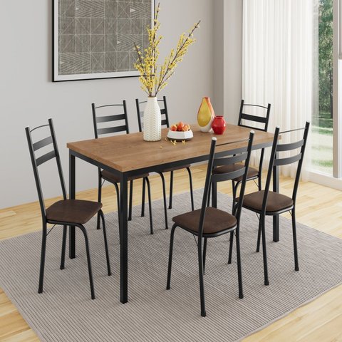 Conjunto Sala de Jantar Mesa Retangular Tampo BP com 6 Cadeiras Adriana Preto/Madeira Imbuia/Demolição
