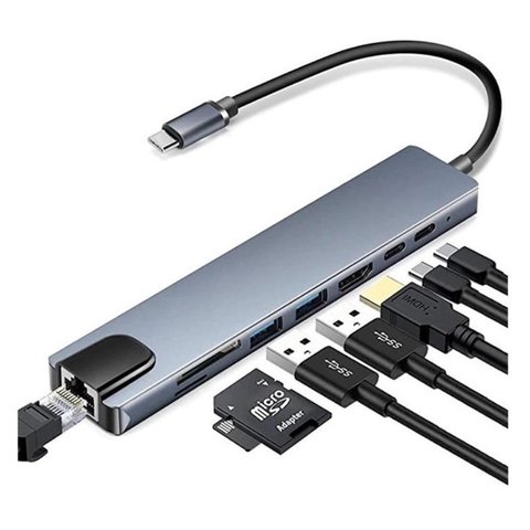 Adaptador Hub Type C 8x1 Hdmi 4k, Lan, Usb 3.0, Leitor SD para Macbook