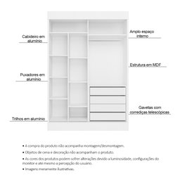 Guarda Roupa Solteiro 2 Portas Deslizante 4 Gavetas Chicago Branco - Saga Decor - 3