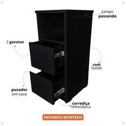 Mesa de Cabeceira Estreito 2 Gavetas Nicho Quarto Pequeno Preto - 3