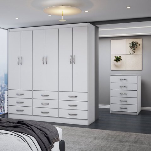 Guarda-roupa Casal Stella 6 Portas 9 Gavetas com Cômoda 5 Gavetas Branco - Panorama Móveis