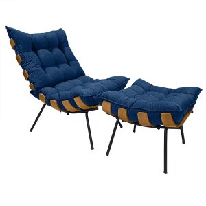Poltrona Costela com Puff em Linho ou Veludo - Élpis Móveis - Linho Azul