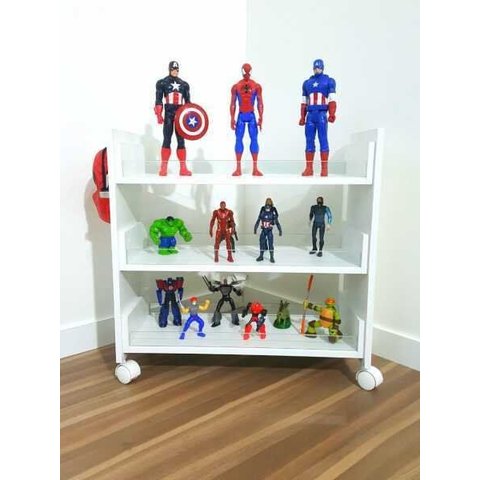 Guarda Brinquedos com Rodinhas e Aparador Vidro Temperado na Cor Branca