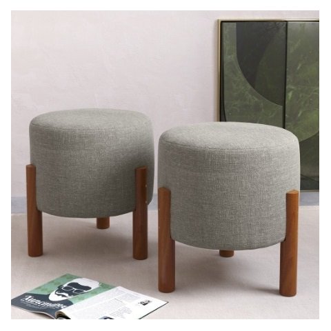 Kit 2 Puff Banqueta Sala Redondo Pés em Madeira -thor- Cinza