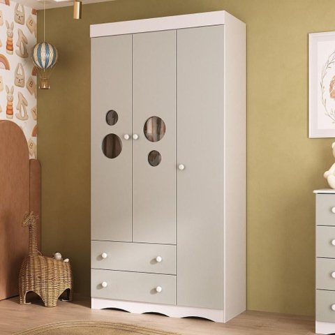 Guarda-roupa Infantil 92cm com Vidro 3 Portas e 2 Gavetas Sonho Multimóveis Mp4472 Branco/off White