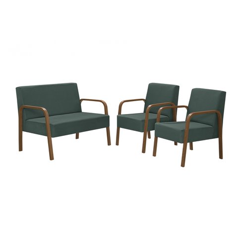 Conjunto Jade 2 Poltronas de 1 Lugar e 1 Poltrona de 2 Lugares Braço Madeira Dsalla Suede Verde