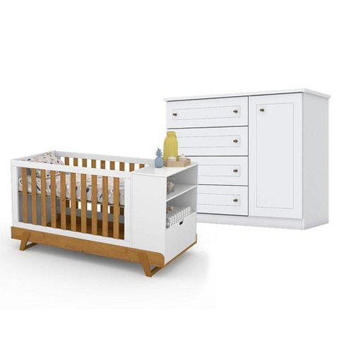 Berço Multifuncional Bkids Branco Freijó Eco Wood - Matic e Cômoda Infantil Americano Branco Hp