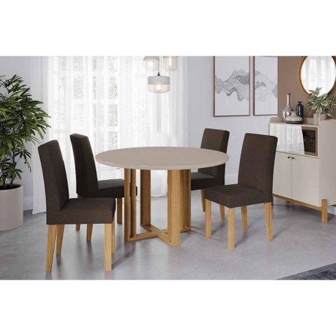 Conjunto: Mesa Sala Jantar Flora Tampo Madeirado C/ Vidro 109cm e 4 Cadeiras Maia Cinamomo/off White