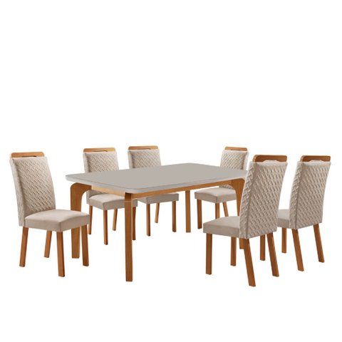 Mesa de Jantar Liz 180cm Tampo MDF Vidro Canto Copo com 6 Cadeiras Aline