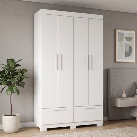 Guarda-Roupa Solteiro 4 Portas, 4 Gavetas e Pés MDF Cambori Branco