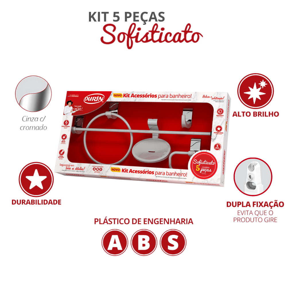 Kit Acessórios para Banheiro 5 Peças Linha Sofisticato Cor Cinza e Cromado Durín - 2