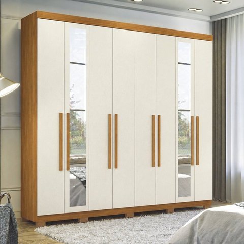 Guarda Roupa Casal 8 Portas 4 Gavetas Master New c/ Pés e Espelho Cinamomo/Areia