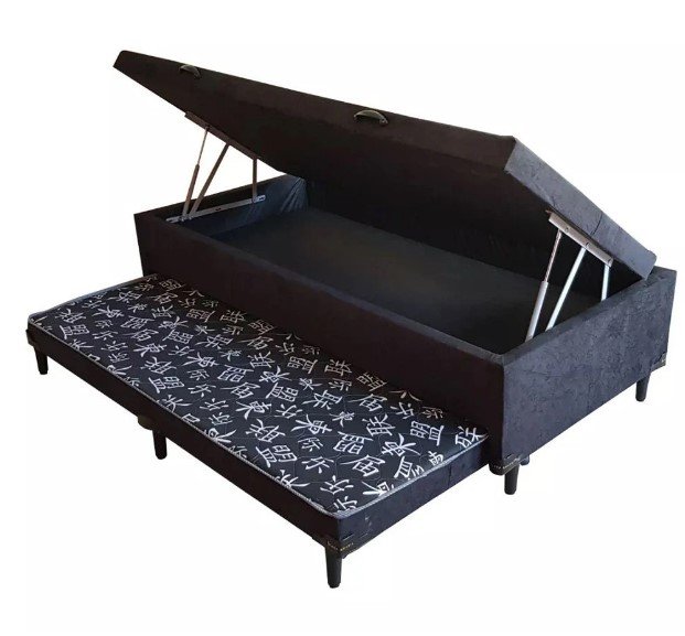 Cama Baú Solteiro C/ cama Auxiliar Ortopédica 88 x 188- Suede Preto - Tampo Japonês Preto - 1