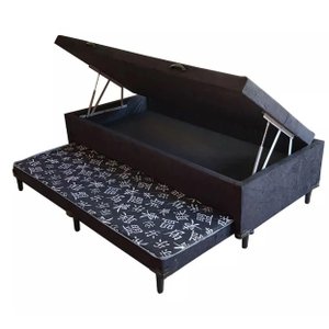 Cama Baú Solteiro C/ cama Auxiliar Ortopédica 88 x 188- Suede Preto - Tampo Japonês Preto