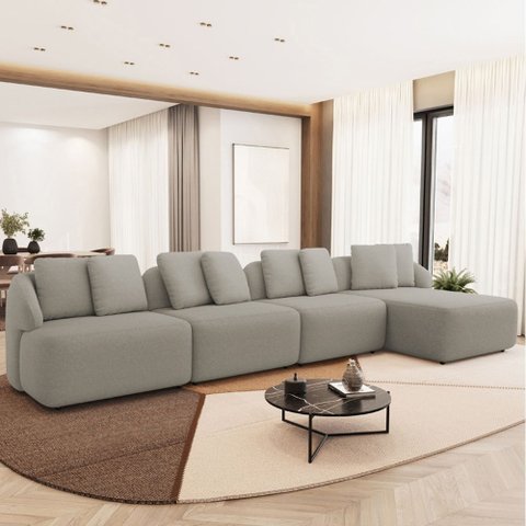 Sofá 5 Lugares com Chaise Direito Sala Living 388cm Arlo F04 Linho Bege Escuro - Lyam Decor