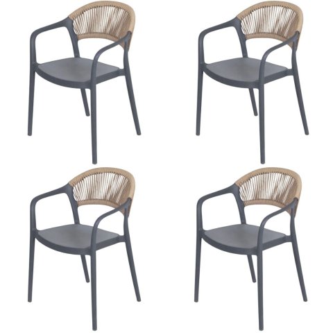Kit 4 Cadeiras com Braço Área Externa Juna Or Design Polipropileno Cinza Corda Ratan Sintético