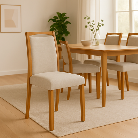 Kit 6 Cadeiras de Jantar Estofadas Jade Linho Bege Base Madeira Maciça Mel