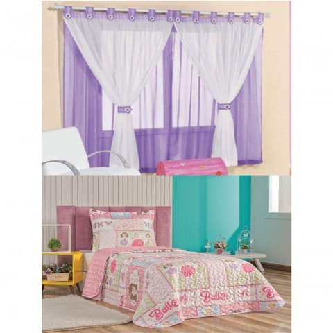 Cortina Juvenil Quarto Menina e Colcha Matelada Sara - Lilás