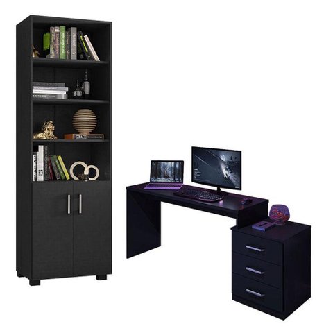 Mesa para Computador Gamer Drx 5000 e Livreiro Office com Portas Pequenas Preto Trama - Móveis Leã