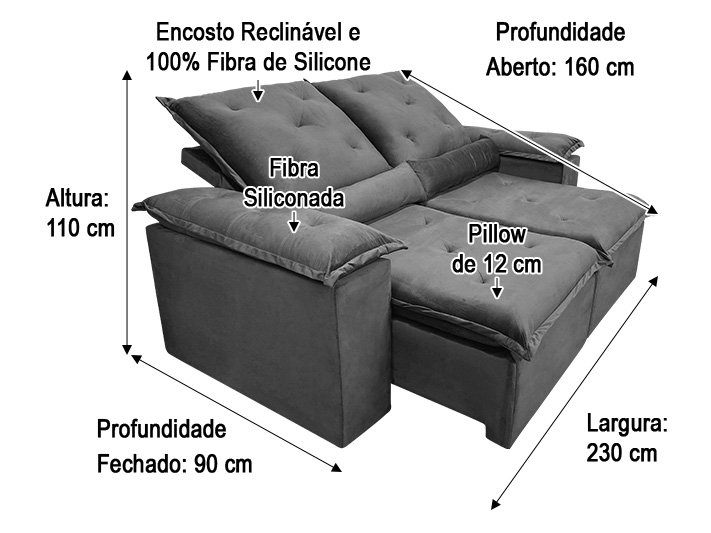 Sofá Retrátil Reclinável 2,30 M Cinza 502 Athenas Premium - 6