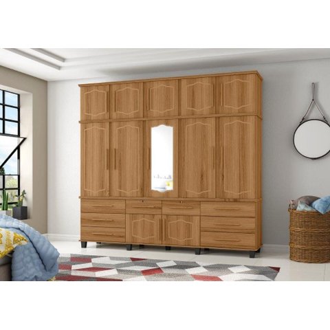 Roupeiro / Guarda Roupas Diam Triplex 2.40m com Espelho Casal Amplo Espaço Interno e Gavetas com Cha