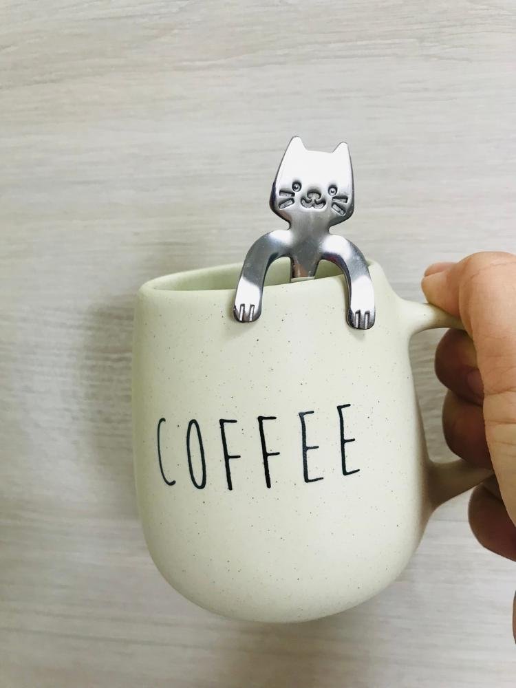 Caneca Bojuda Bege Colher Gatinho Coffee - 5