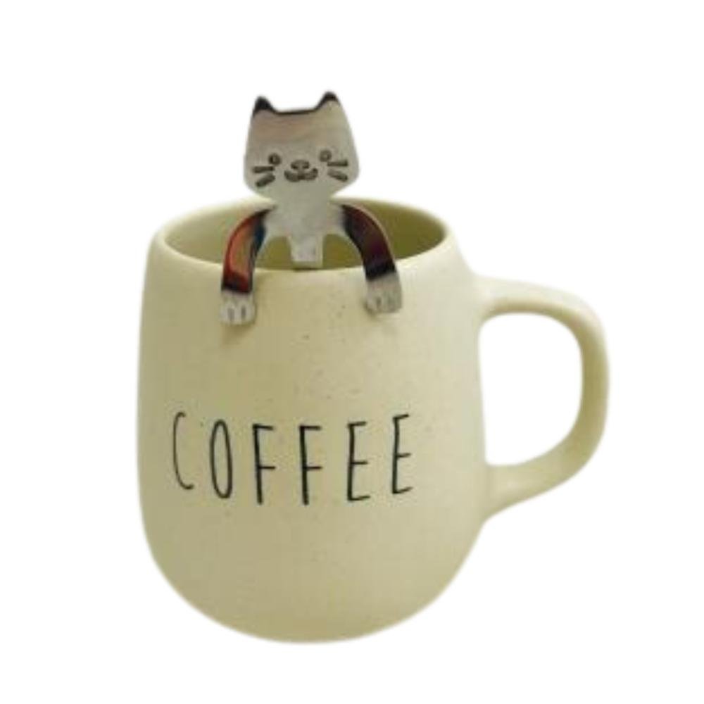 Caneca Bojuda Bege Colher Gatinho Coffee