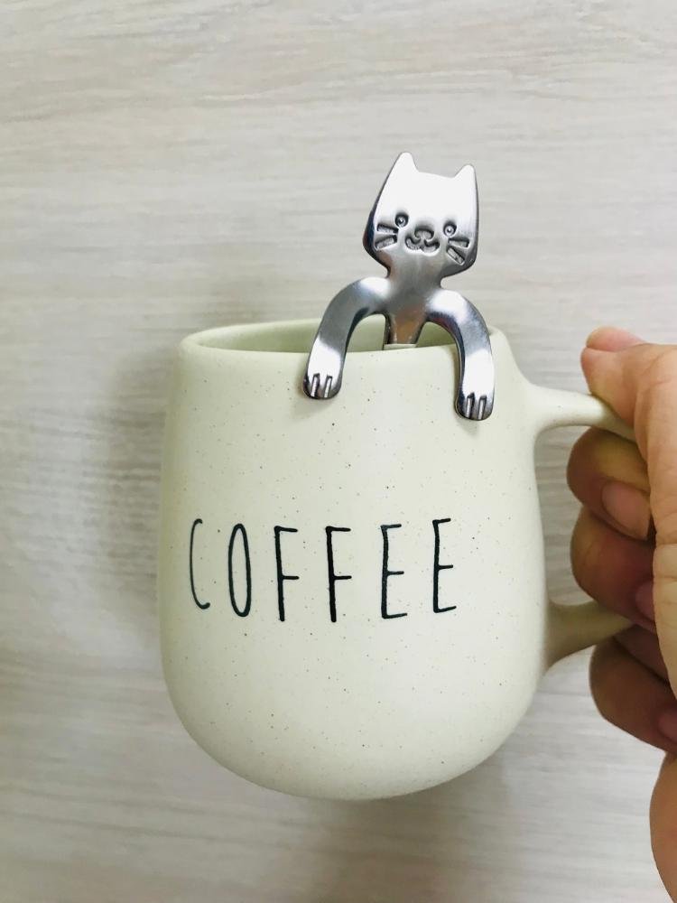 Caneca Bojuda Bege Colher Gatinho Coffee - 3