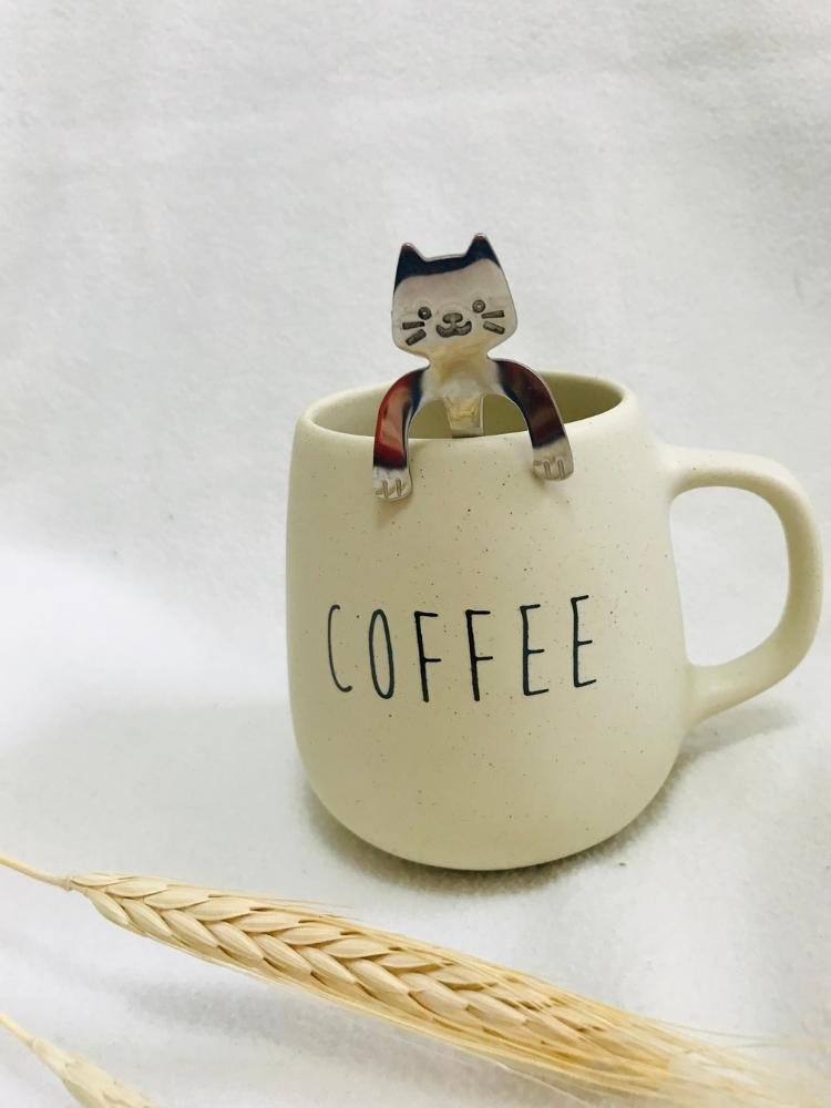 Caneca Bojuda Bege Colher Gatinho Coffee - 2