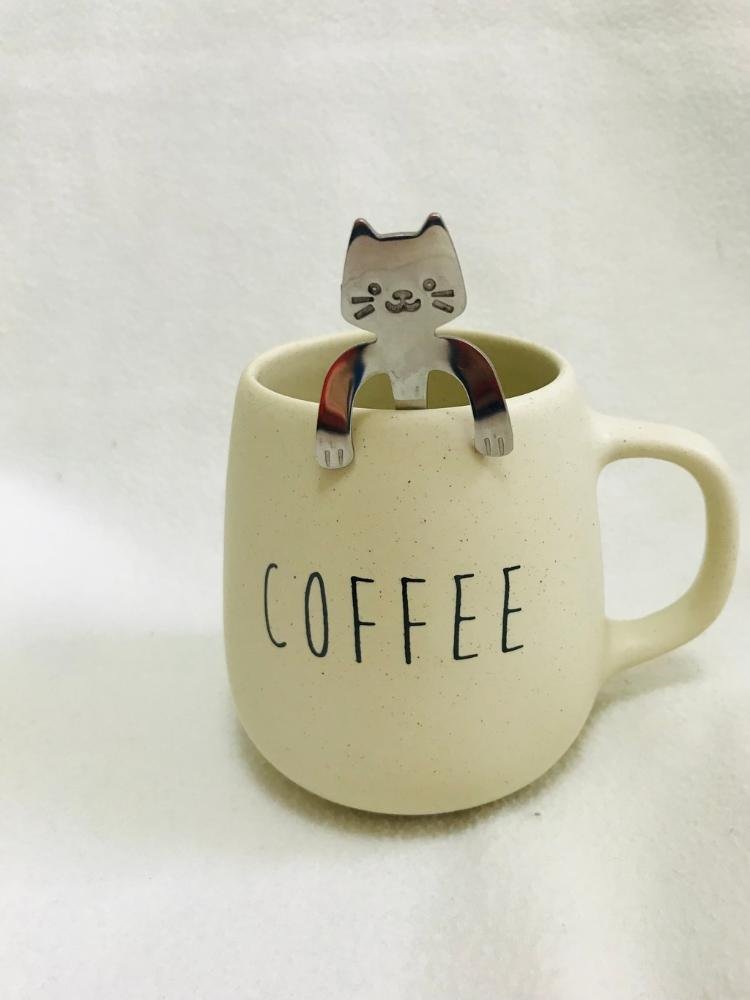 Caneca Bojuda Bege Colher Gatinho Coffee - 4