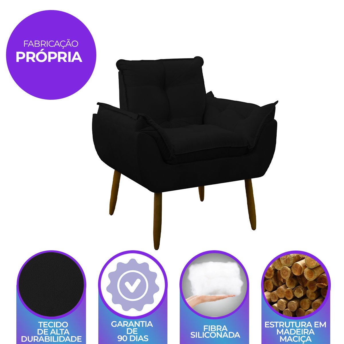 Poltrona Decorativa Sala de Estar Escritório Quarto Prime: Preto - 6