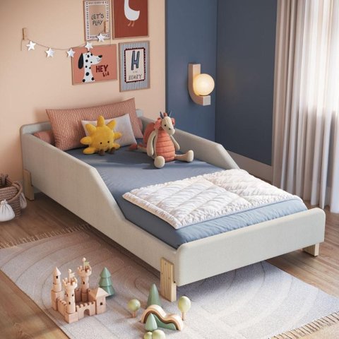 Cama Montessoriana Estofada Infantil Solteiro 196 cm X 99 cm Cor:Boucle Bege