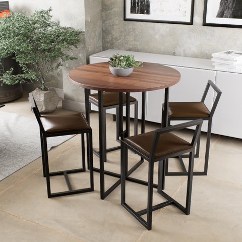 Conjunto Mesa 4 Cadeiras Estofado Tampo Imbuia Redondo Industrial Black
