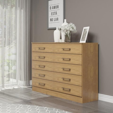 Cômoda para Quarto Casal Organizadora com 10 Gavetas Menu Móveis Carvalho