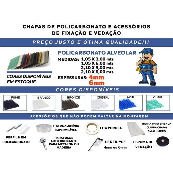 Chapa de Policarbonato Alveolar Azul 2,10x6,00 4 Milímetros - 2