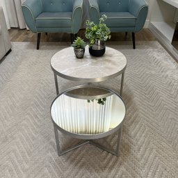 Conjunto Mesa de Centro Redonda Dallas Marmo Areia com Espelho - Prata - 2